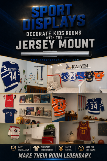 Sports room decor featuring sports jerseys displayed on a wall with Jersey Mounts