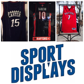Toronto Raptors Jerseys being displayed on the Jersey Mount from Sport Displays